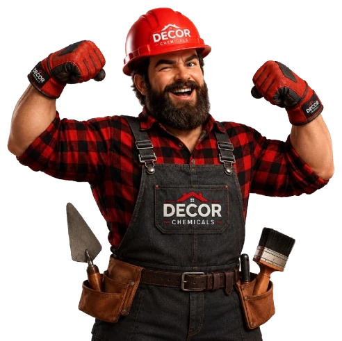 Decor applicator in branded helmet and apron